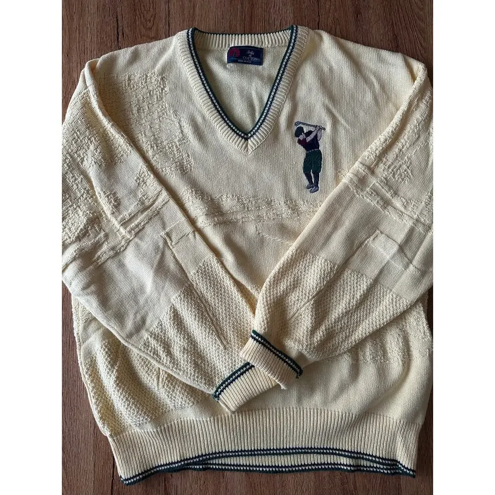 Isle Of Cotton Vintage Yellow Golfing V Neck Sweater Size Large